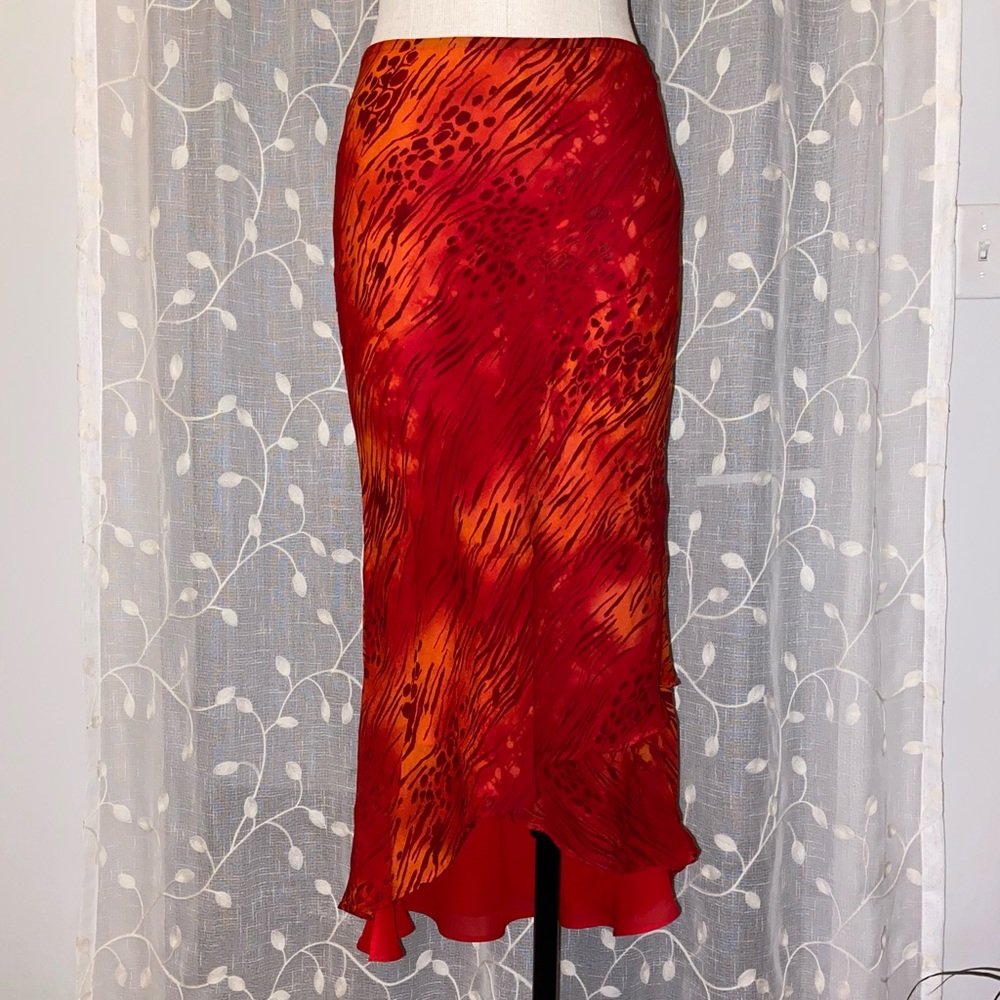 orange and red animal print midi skirt✨